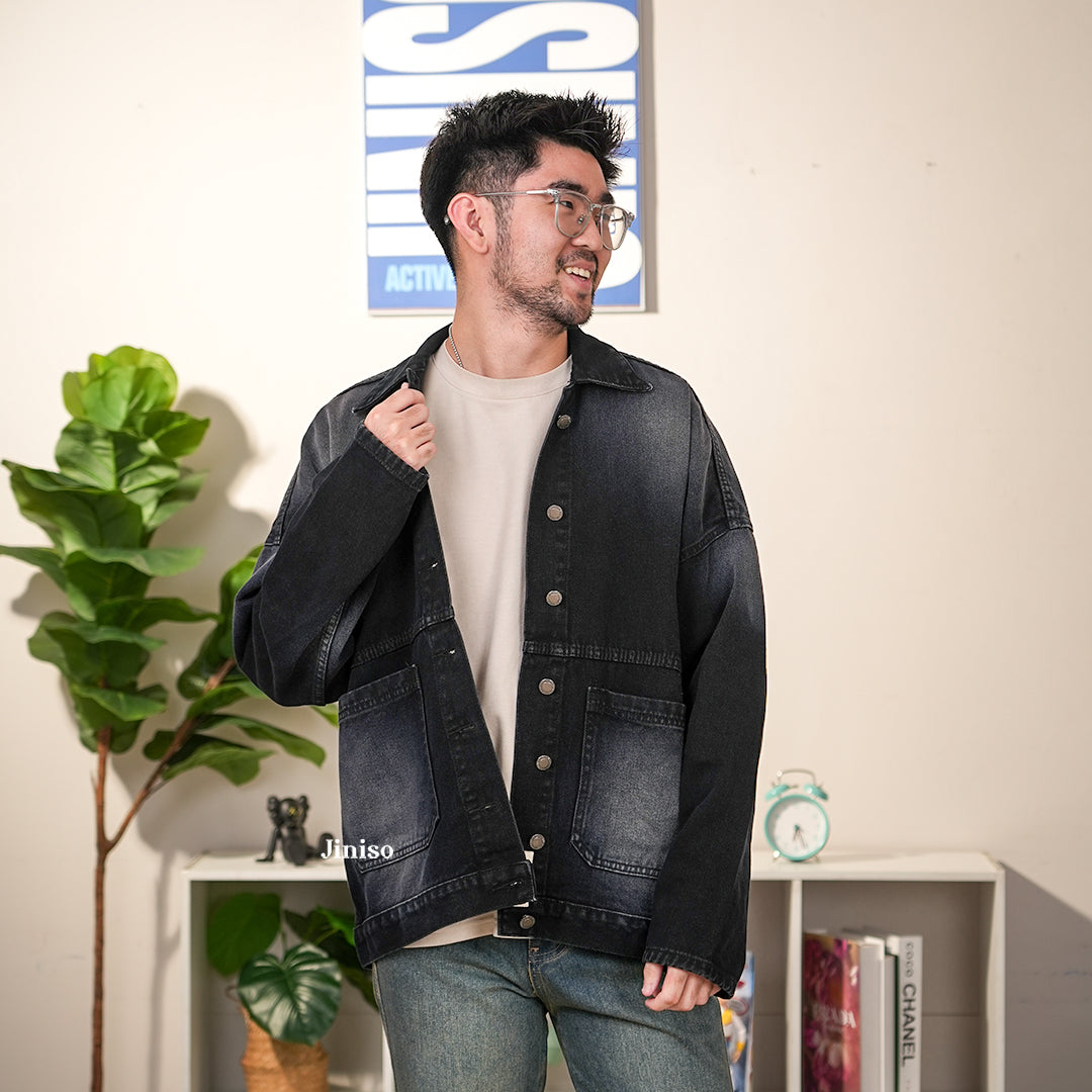 JINISO Pria Jaket Jeans Oversize Onyx Black Spray