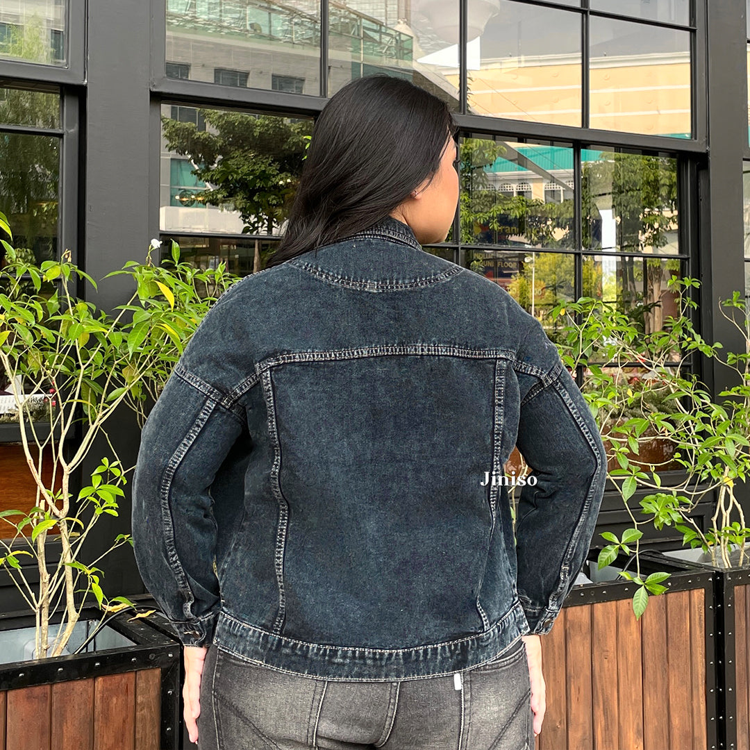 JINISO Big Size Jaket Jeans Oversize Raw Trucker Black Acid