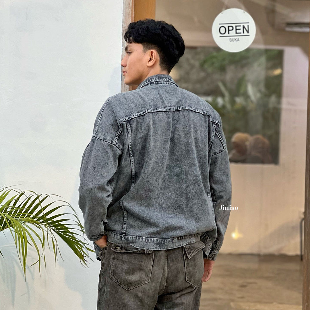 JINISO Pria Jaket Jeans Oversize Pocket Atlas Snow Grey