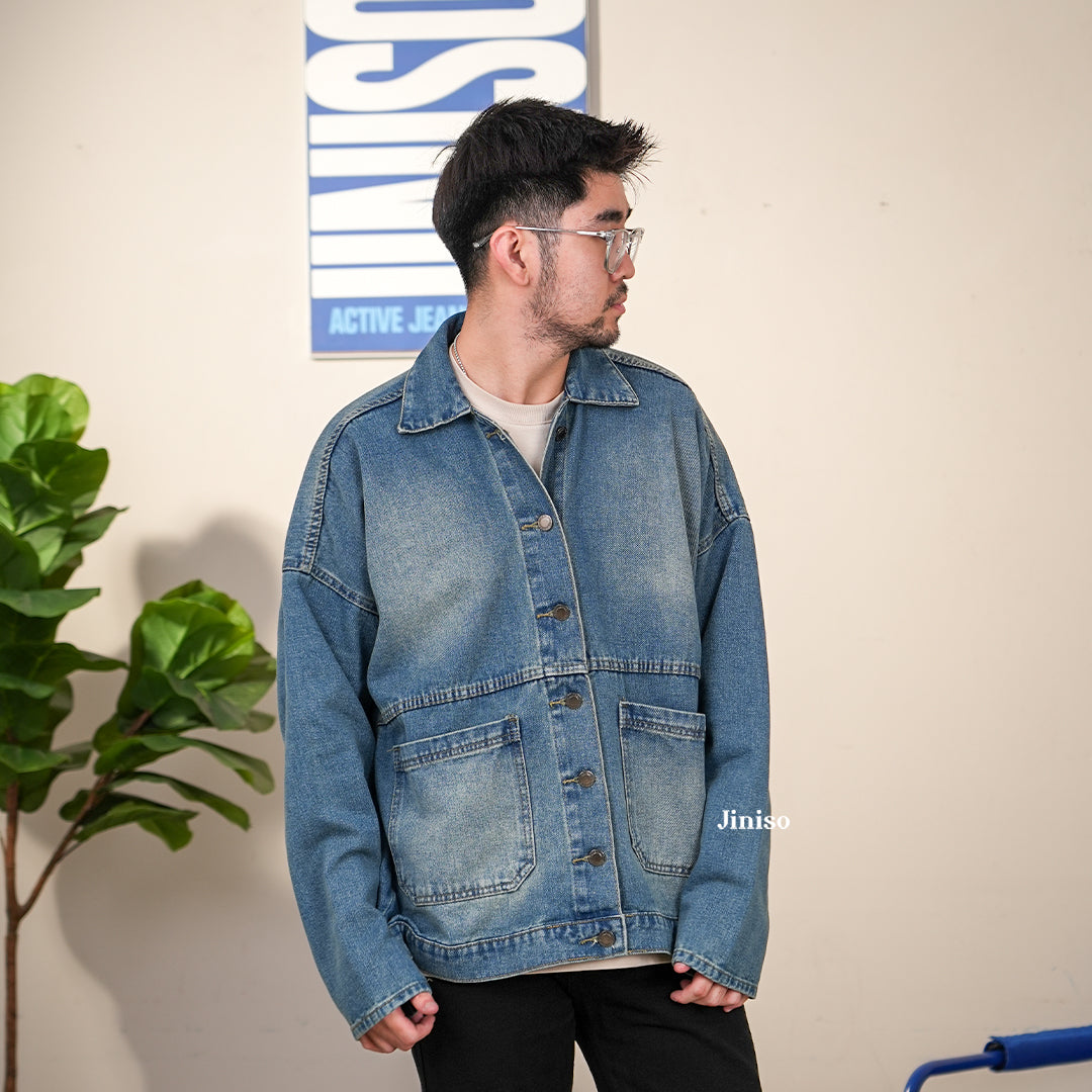 JINISO Pria Jaket Jeans Oversize Onyx Bio Spray