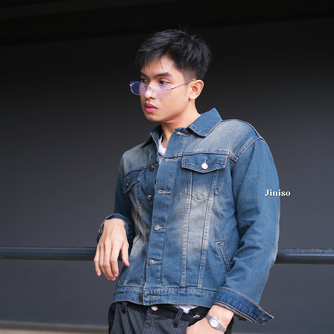 JINISO Pria Jaket Jeans Oversize Vintage Blue Wash