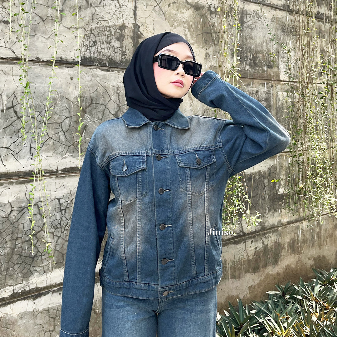 JINISO Jaket Jeans Oversize Vintage Blue Wash