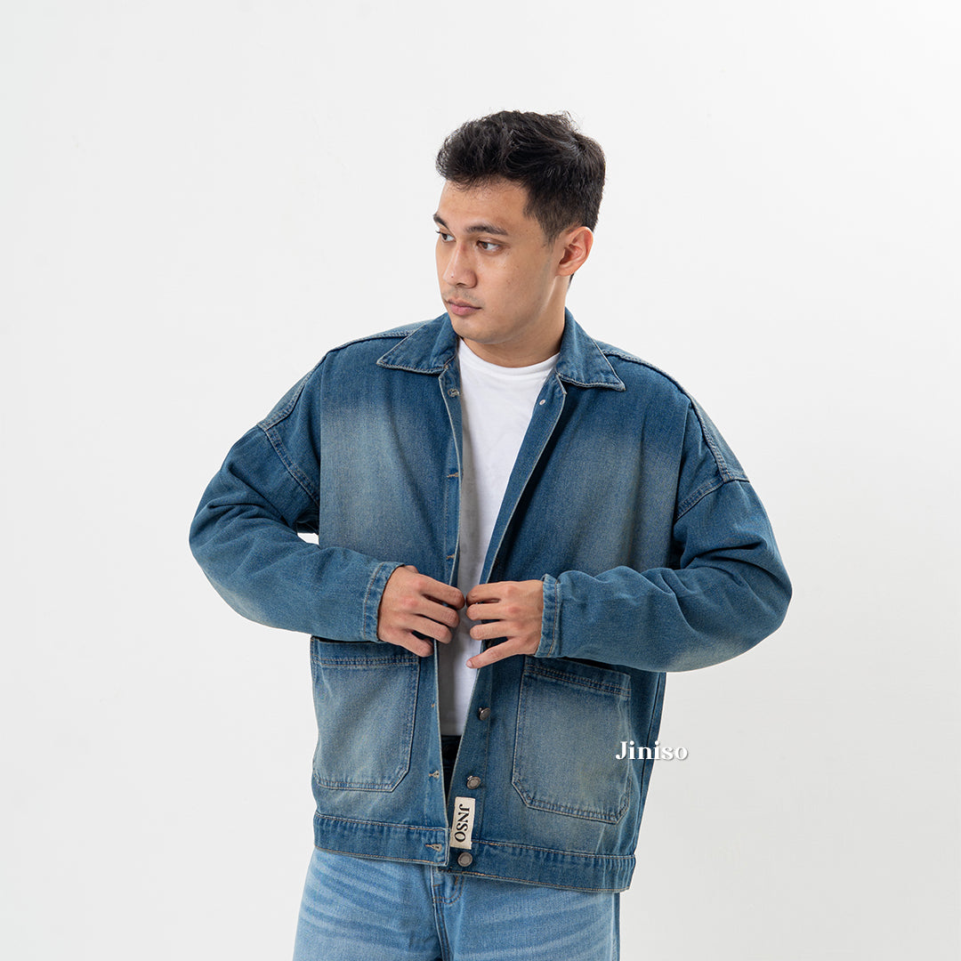 JINISO Pria Jaket Jeans Oversize Onyx Bio Spray