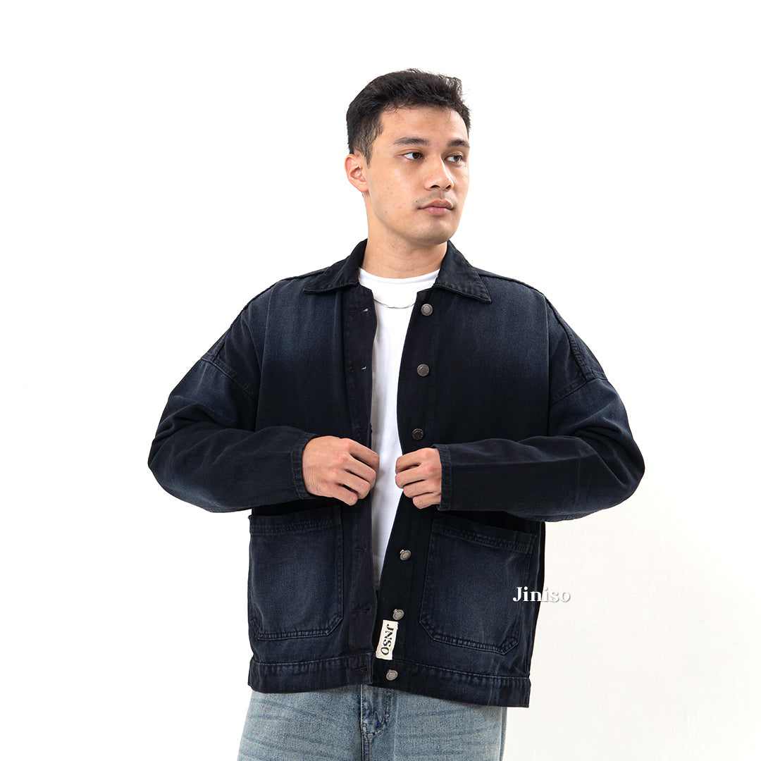 JINISO Pria Jaket Jeans Oversize Onyx Black Spray