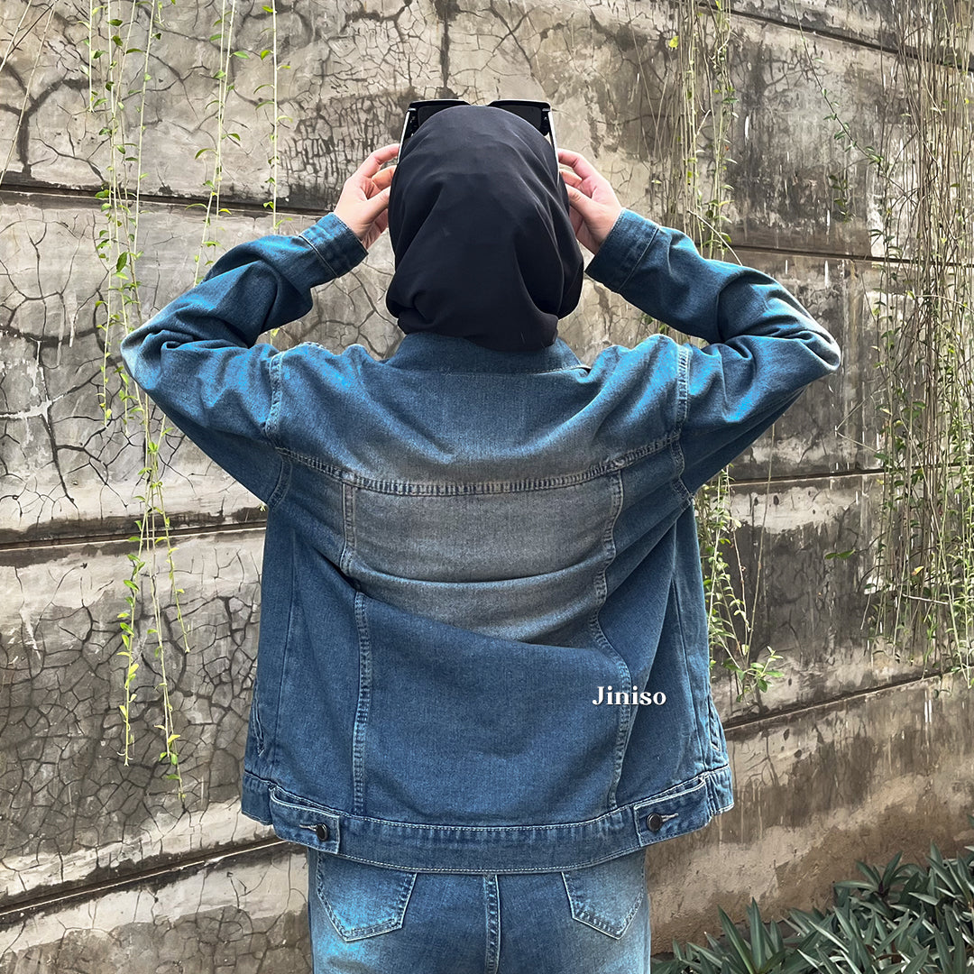 JINISO Jaket Jeans Oversize Vintage Blue Wash