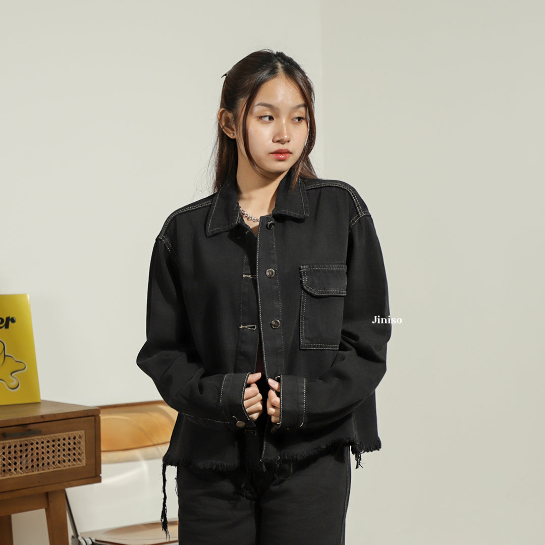 JINISO Jaket Jeans Oversize Seoul Black Oreo Gold