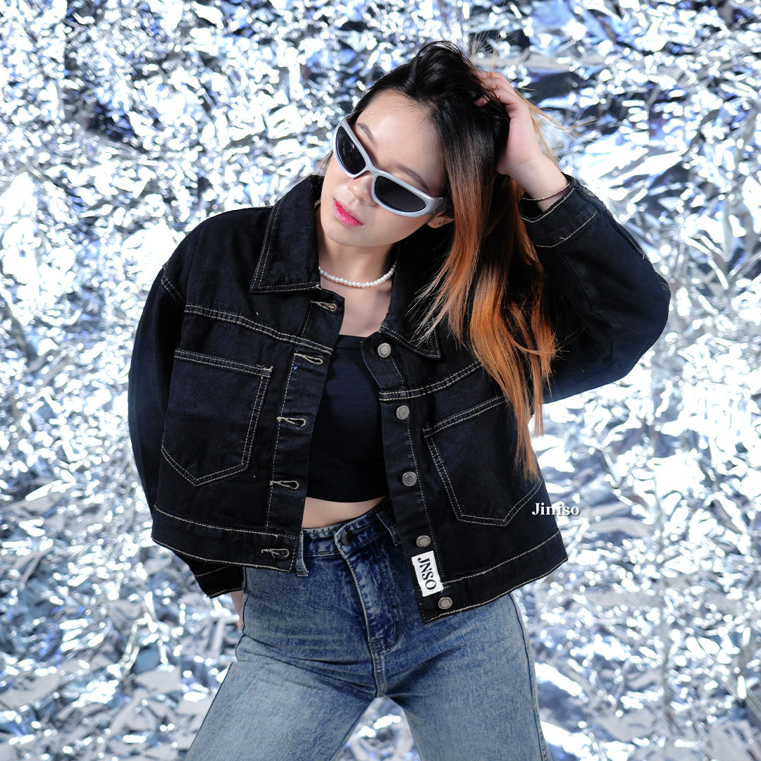 JINISO Jaket Crop Jeans Oversize Cozy Black Oreo Gold