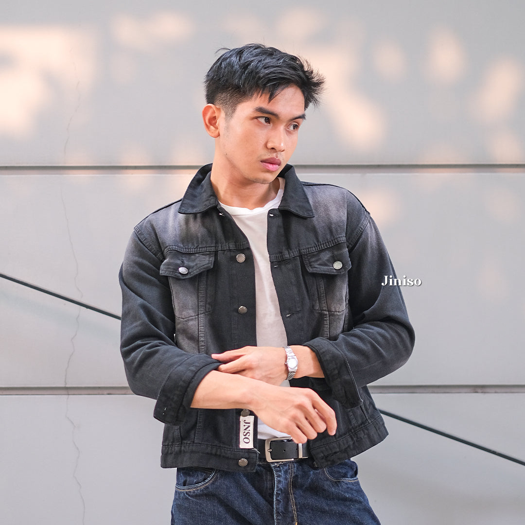 JINISO Pria Jaket Jeans Oversize Vintage Black Wash