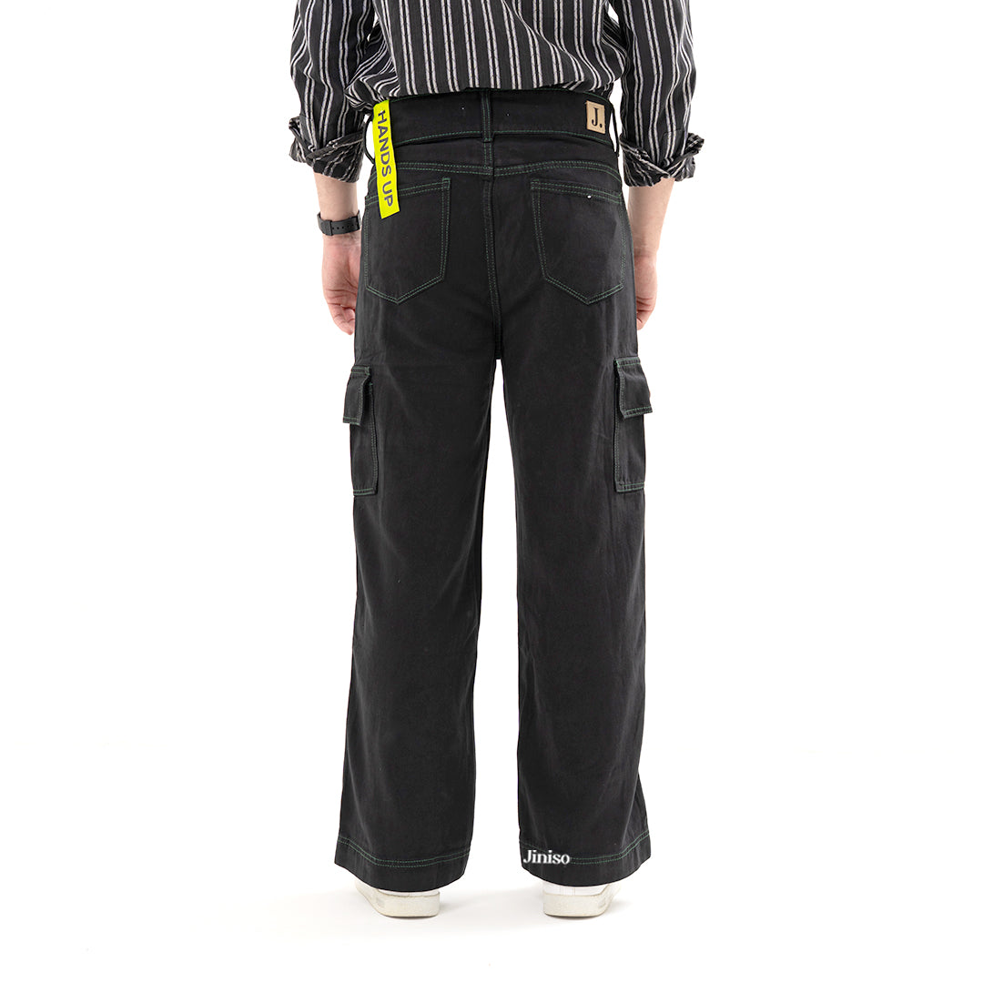 JINISO Loose Cargo Denim Jeans Pria Black Army 403