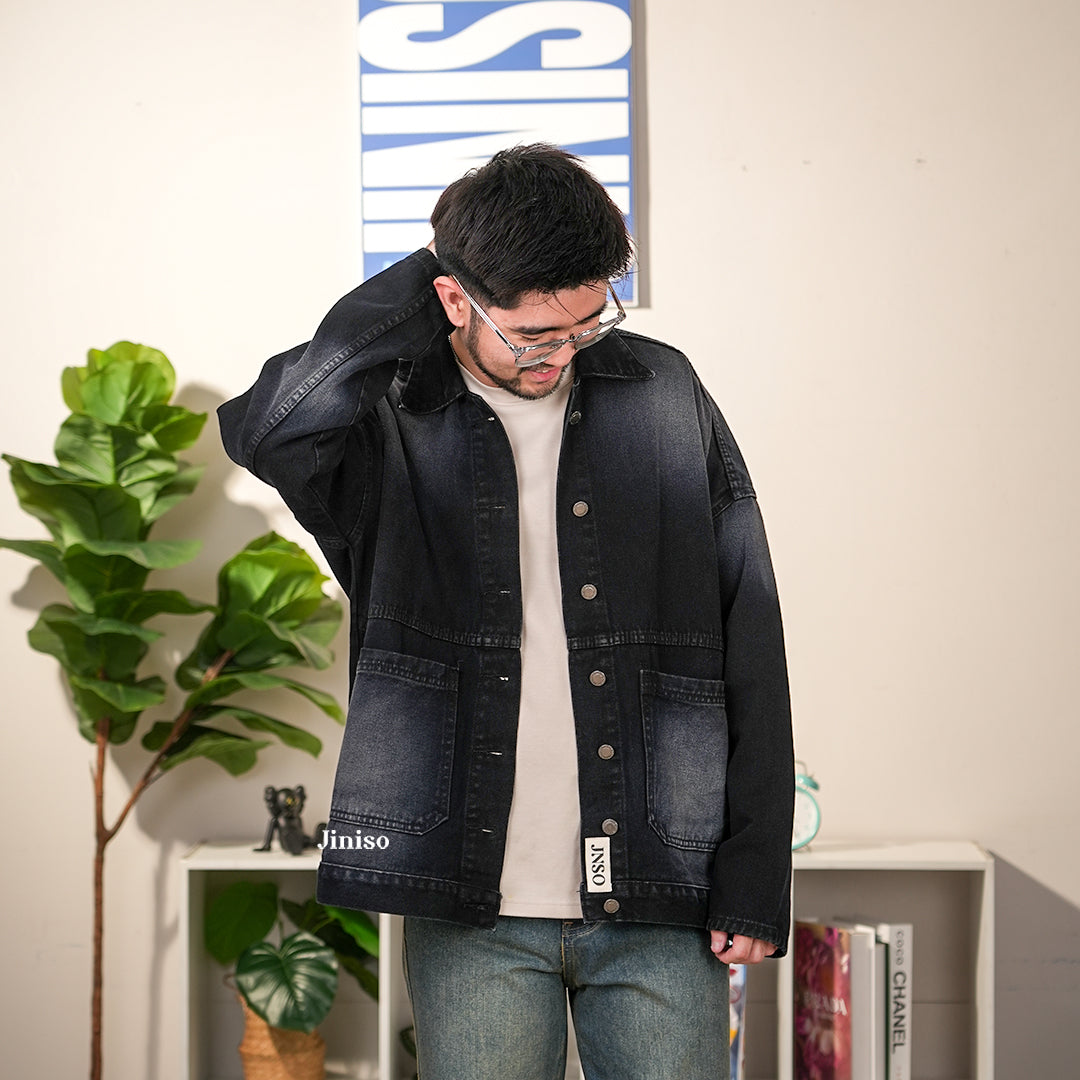 JINISO Pria Jaket Jeans Oversize Onyx Black Spray