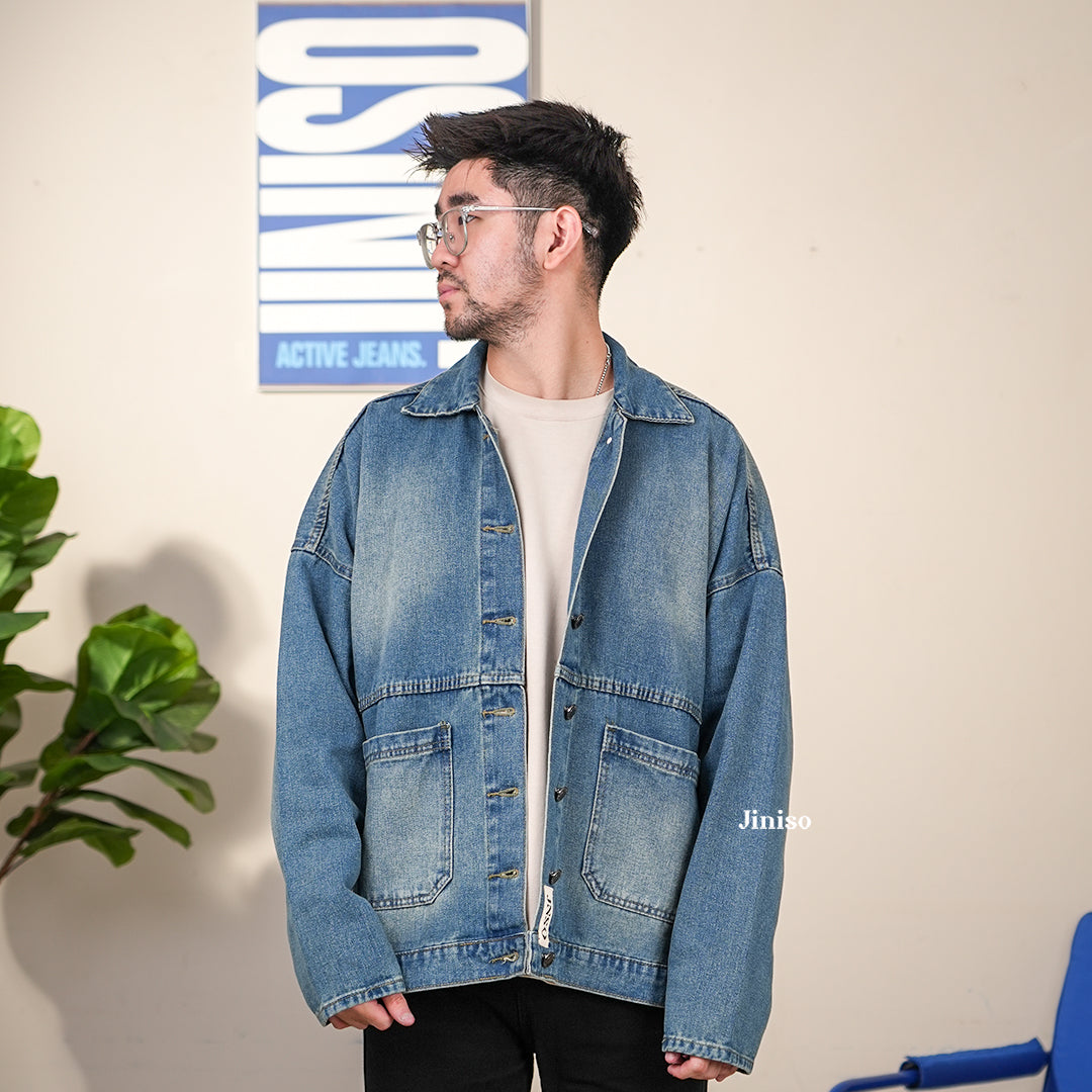 JINISO Pria Jaket Jeans Oversize Onyx Bio Spray