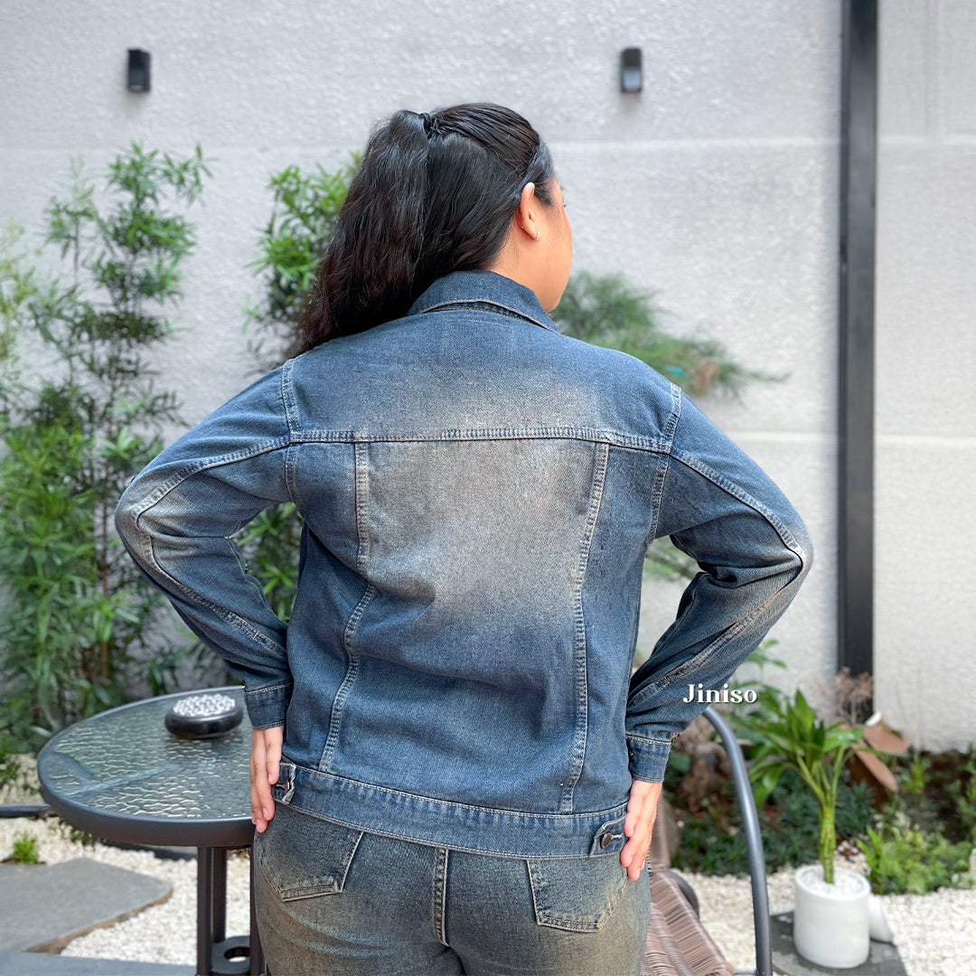 JINISO Big Size Jaket Jeans Oversize Vintage Blue Wash