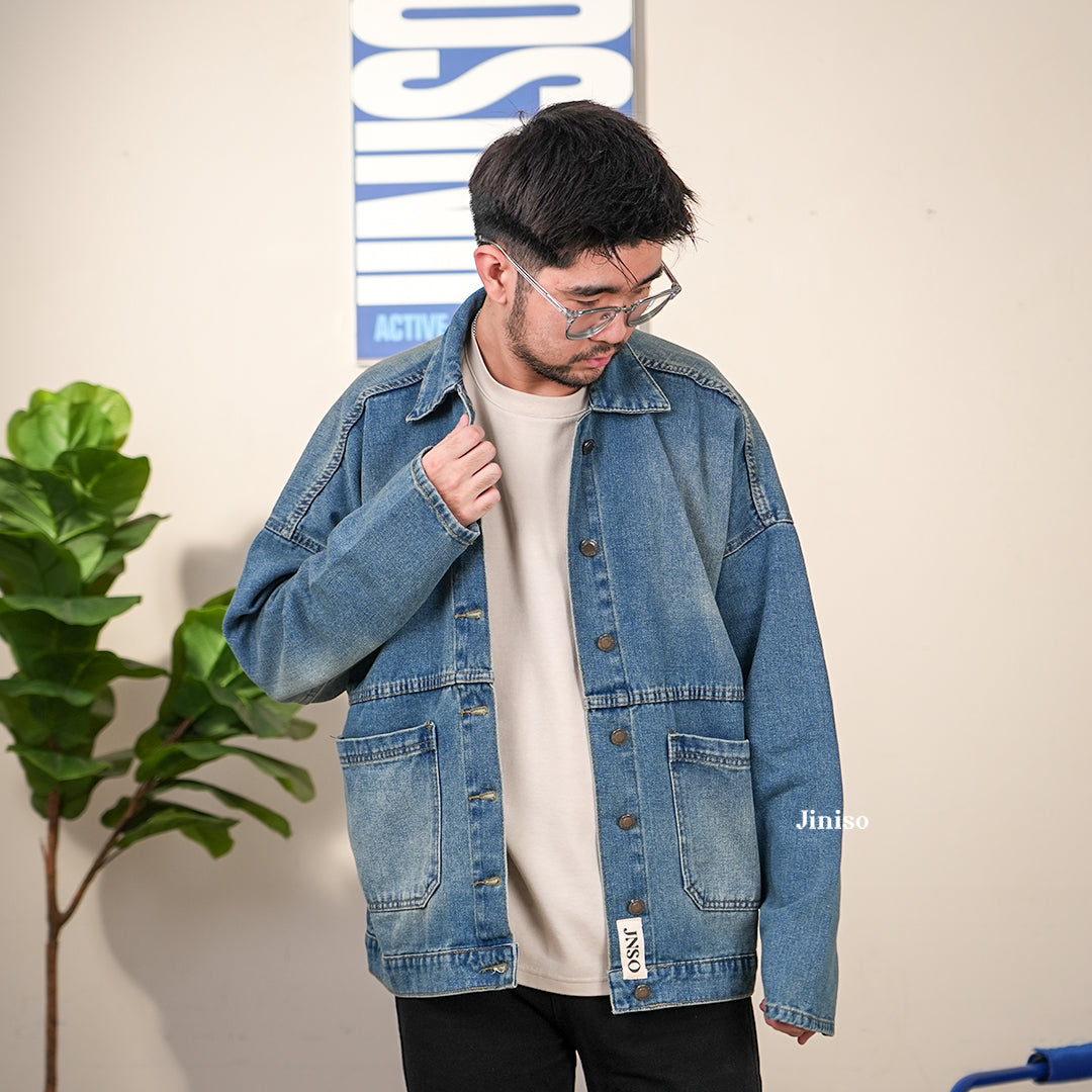 JINISO Pria Jaket Jeans Oversize Onyx Bio Spray
