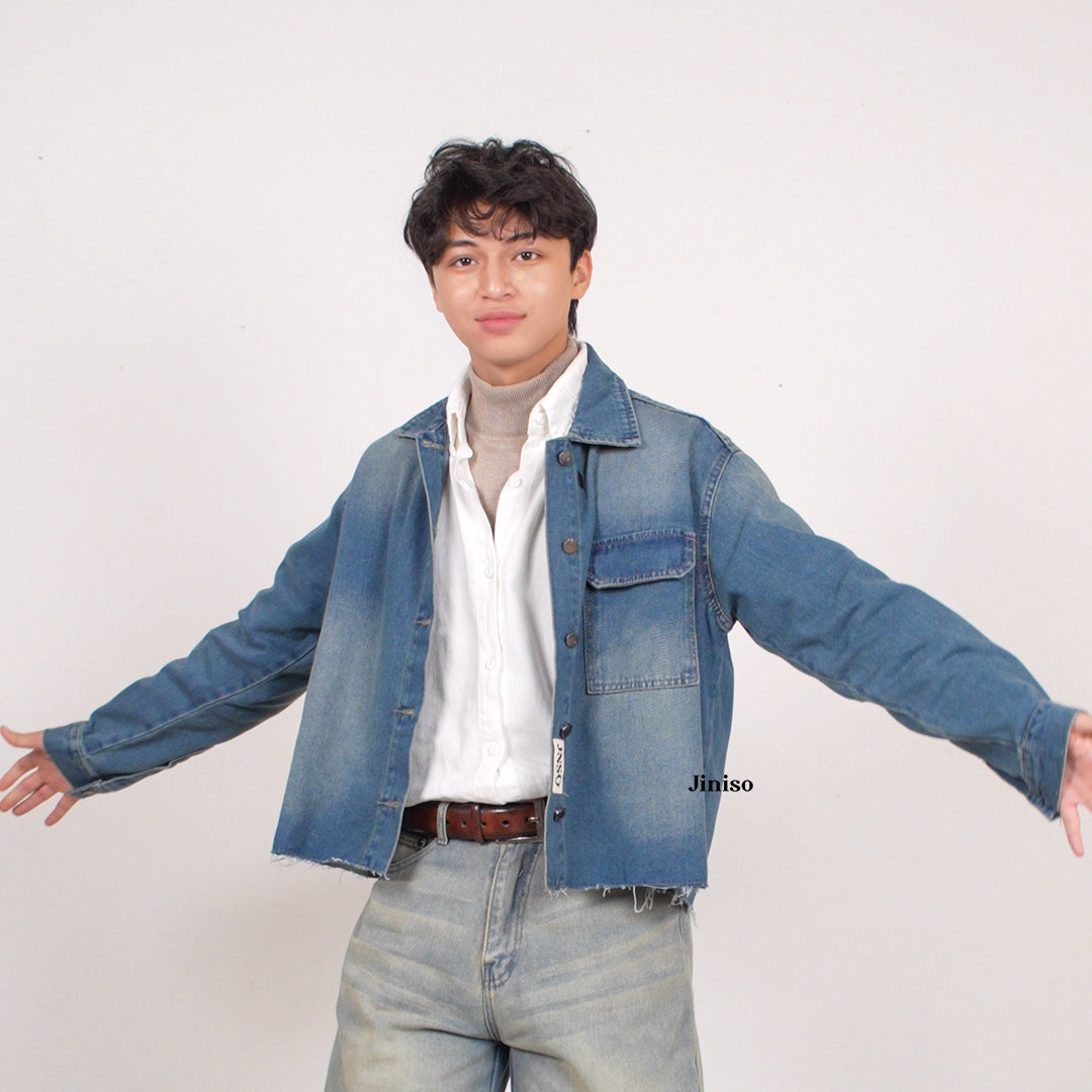 JINISO Pria Jaket Jeans Oversize Seoul Blue Wash