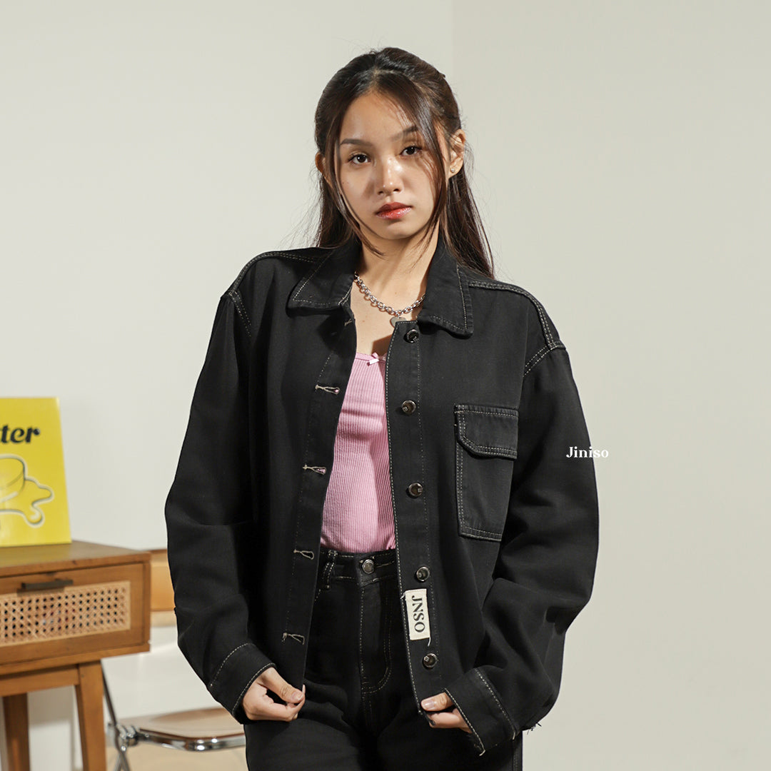 JINISO Jaket Jeans Oversize Seoul Black Oreo Gold