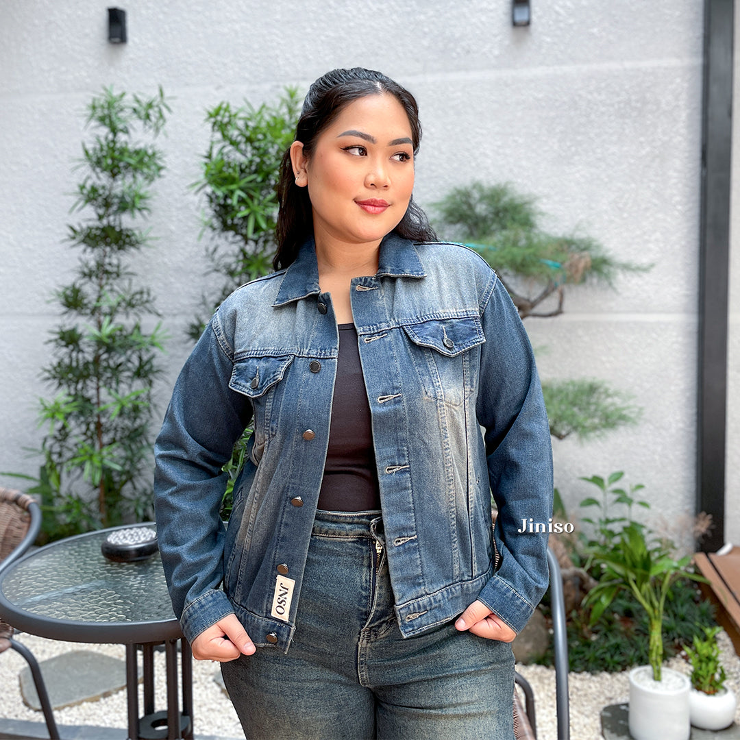 JINISO Big Size Jaket Jeans Oversize Vintage Blue Wash