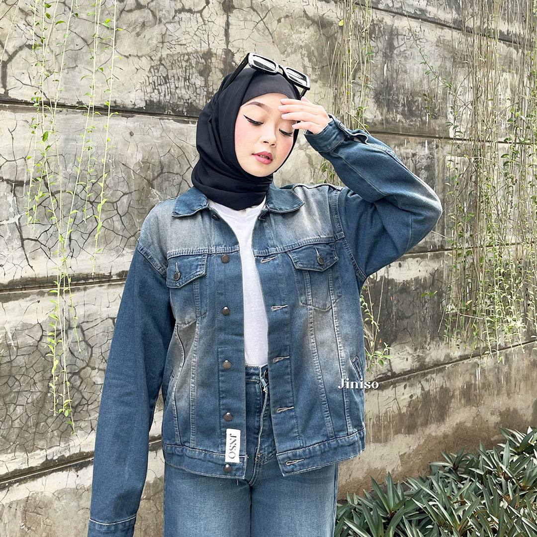 JINISO Jaket Jeans Oversize Vintage Blue Wash