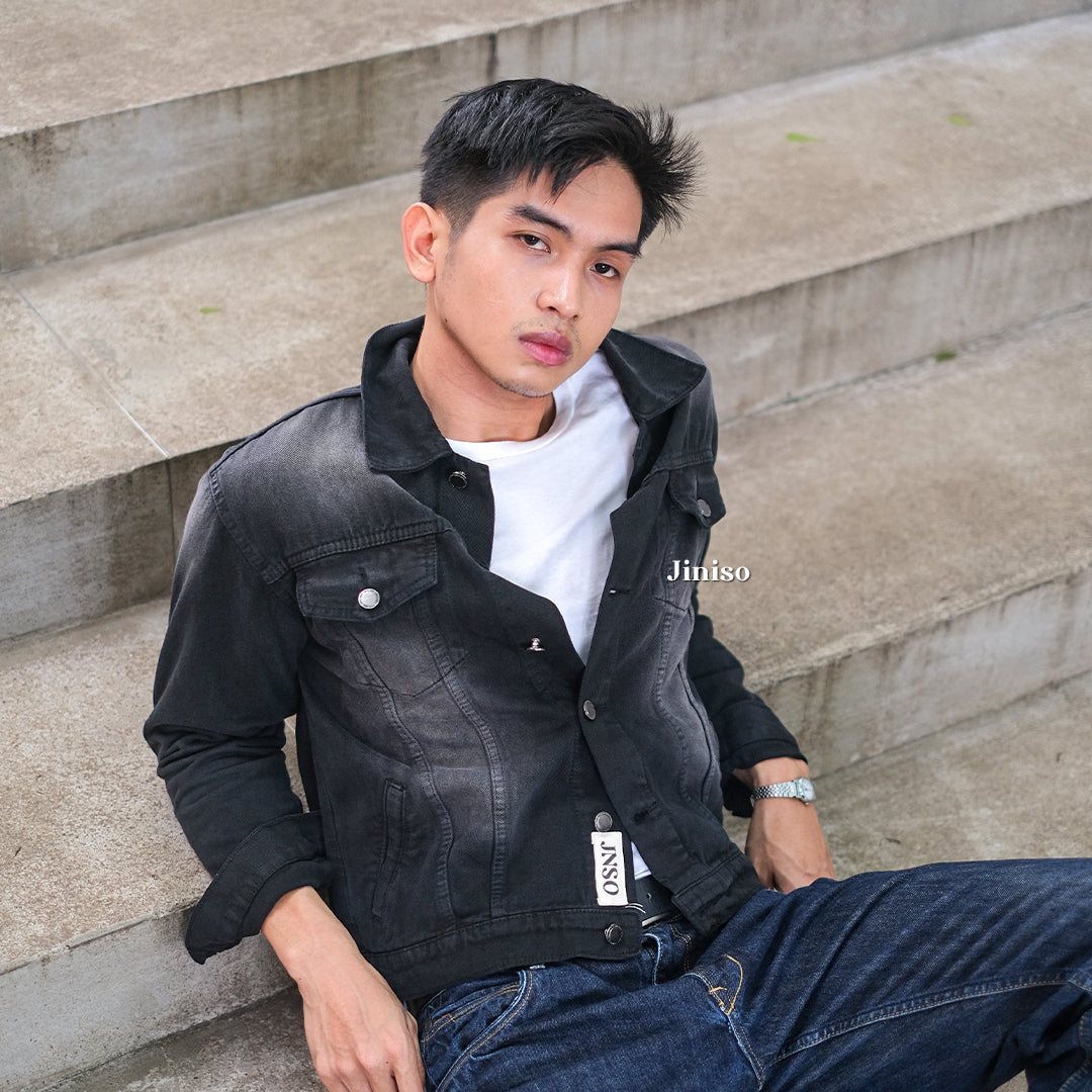 JINISO Pria Jaket Jeans Oversize Vintage Black Wash