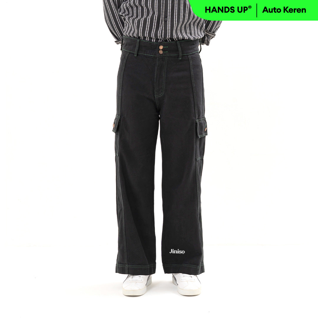 JINISO Loose Cargo Denim Jeans Pria Black Army 403