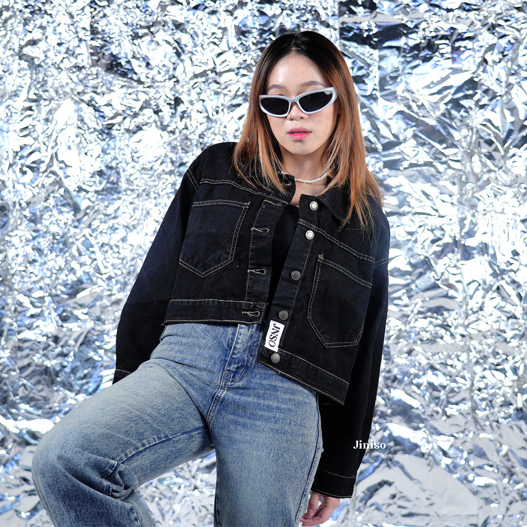 JINISO Jaket Crop Jeans Oversize Cozy Black Oreo Gold