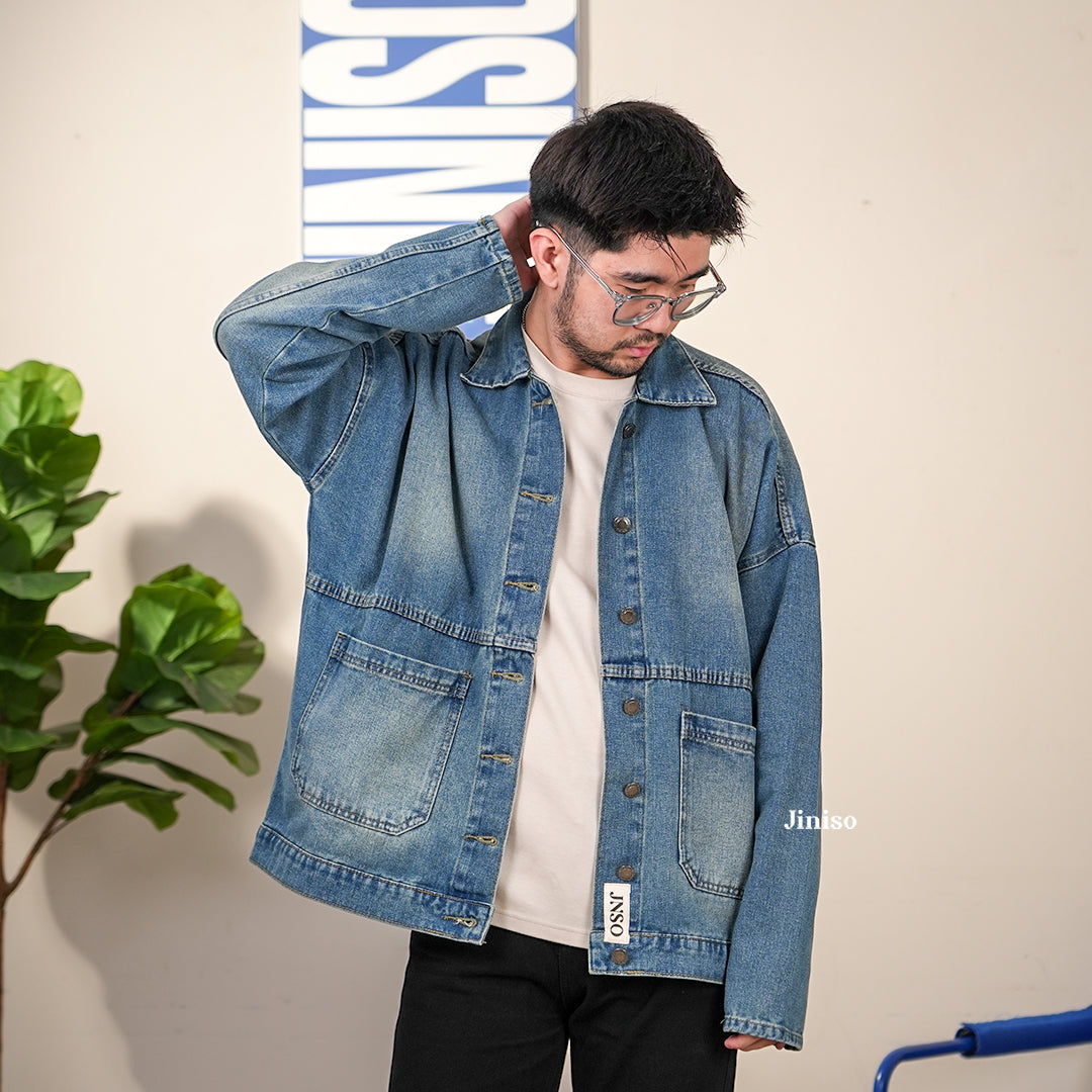 JINISO Pria Jaket Jeans Oversize Onyx Bio Spray