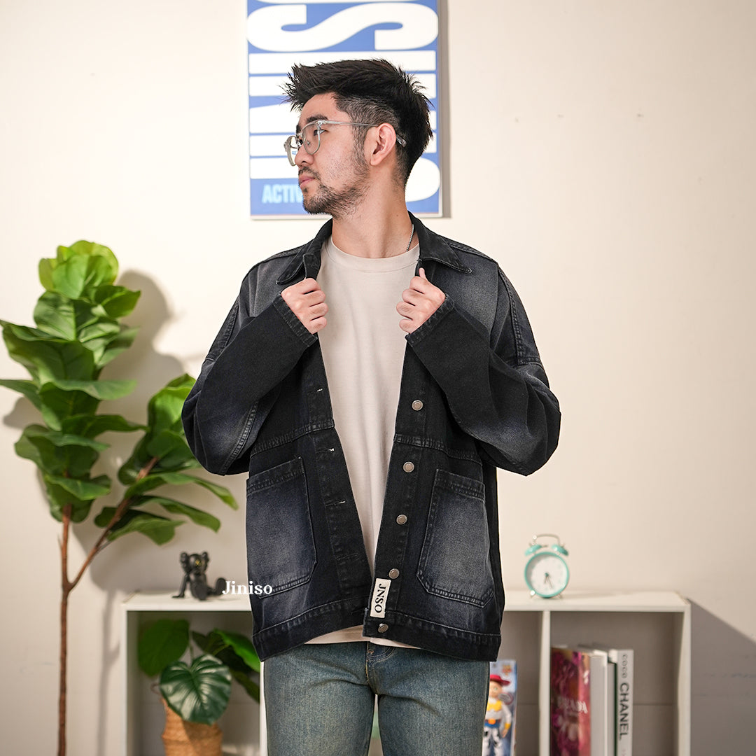 JINISO Pria Jaket Jeans Oversize Onyx Black Spray