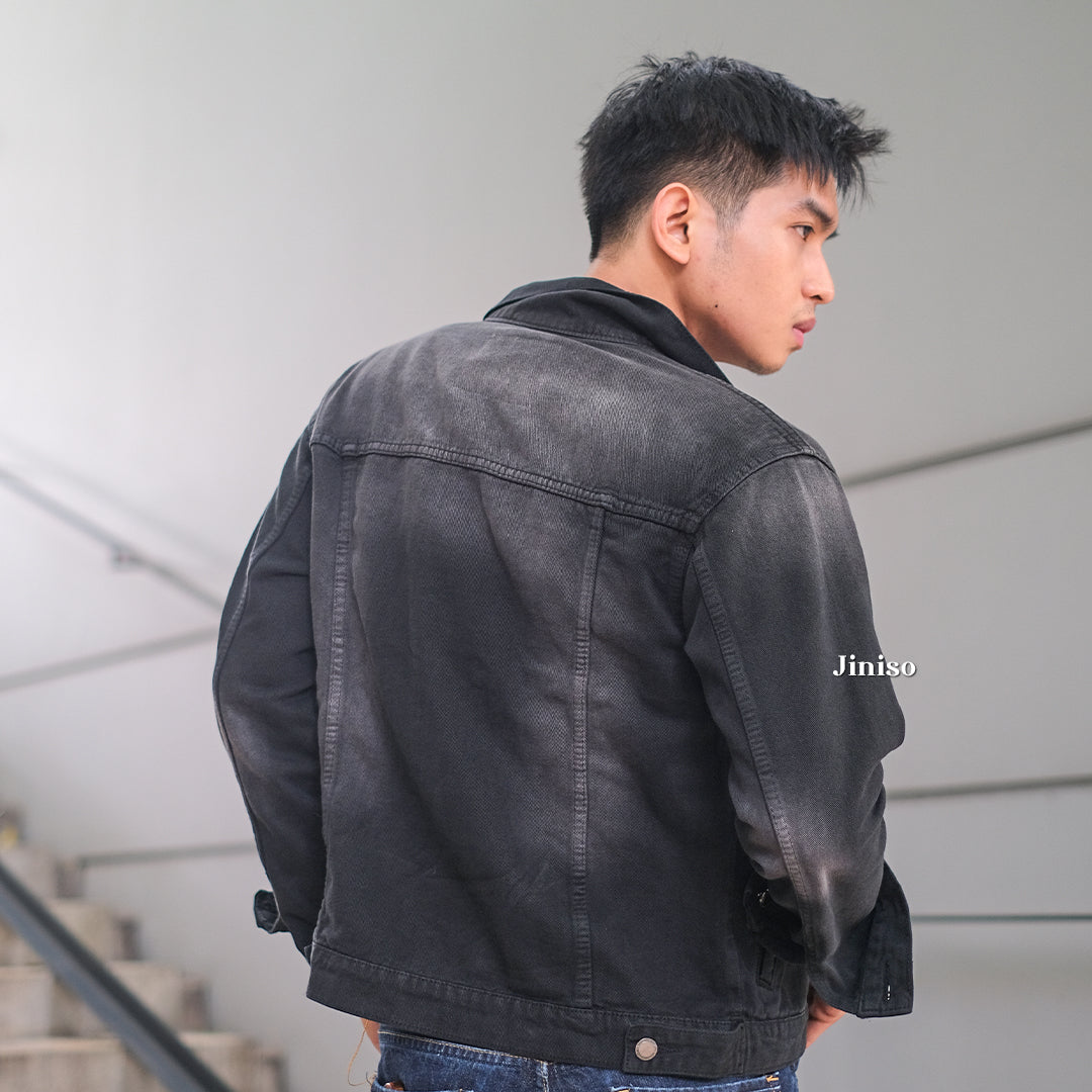 JINISO Pria Jaket Jeans Oversize Vintage Black Wash