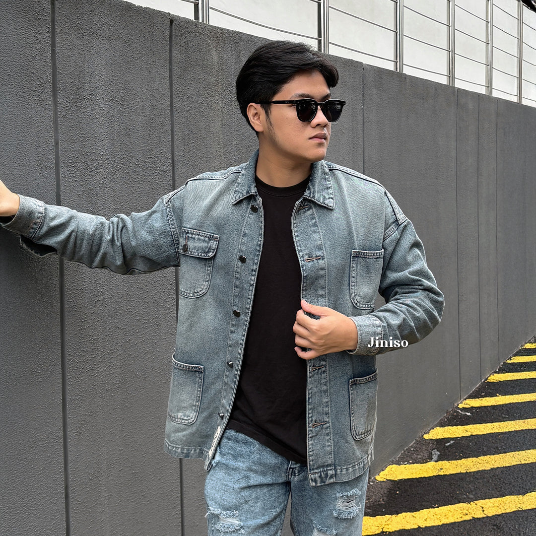 JINISO Pria Jaket Denim Jeans Oversize WorkWear Blue Washed