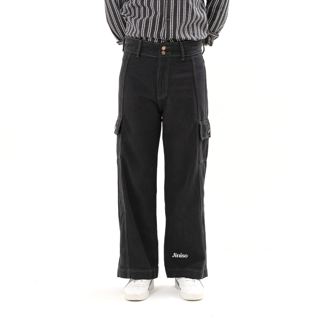 JINISO Loose Cargo Denim Jeans Pria Black Army 403