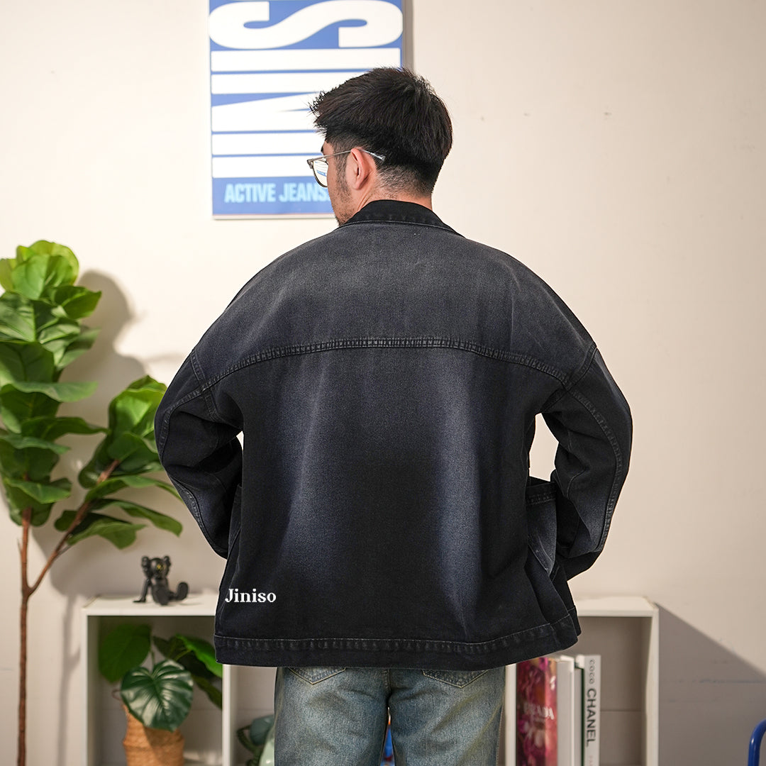 JINISO Pria Jaket Jeans Oversize Onyx Black Spray