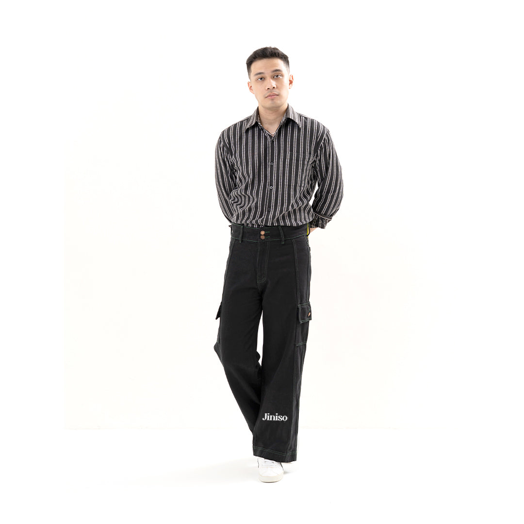 JINISO Loose Cargo Denim Jeans Pria Black Army 403