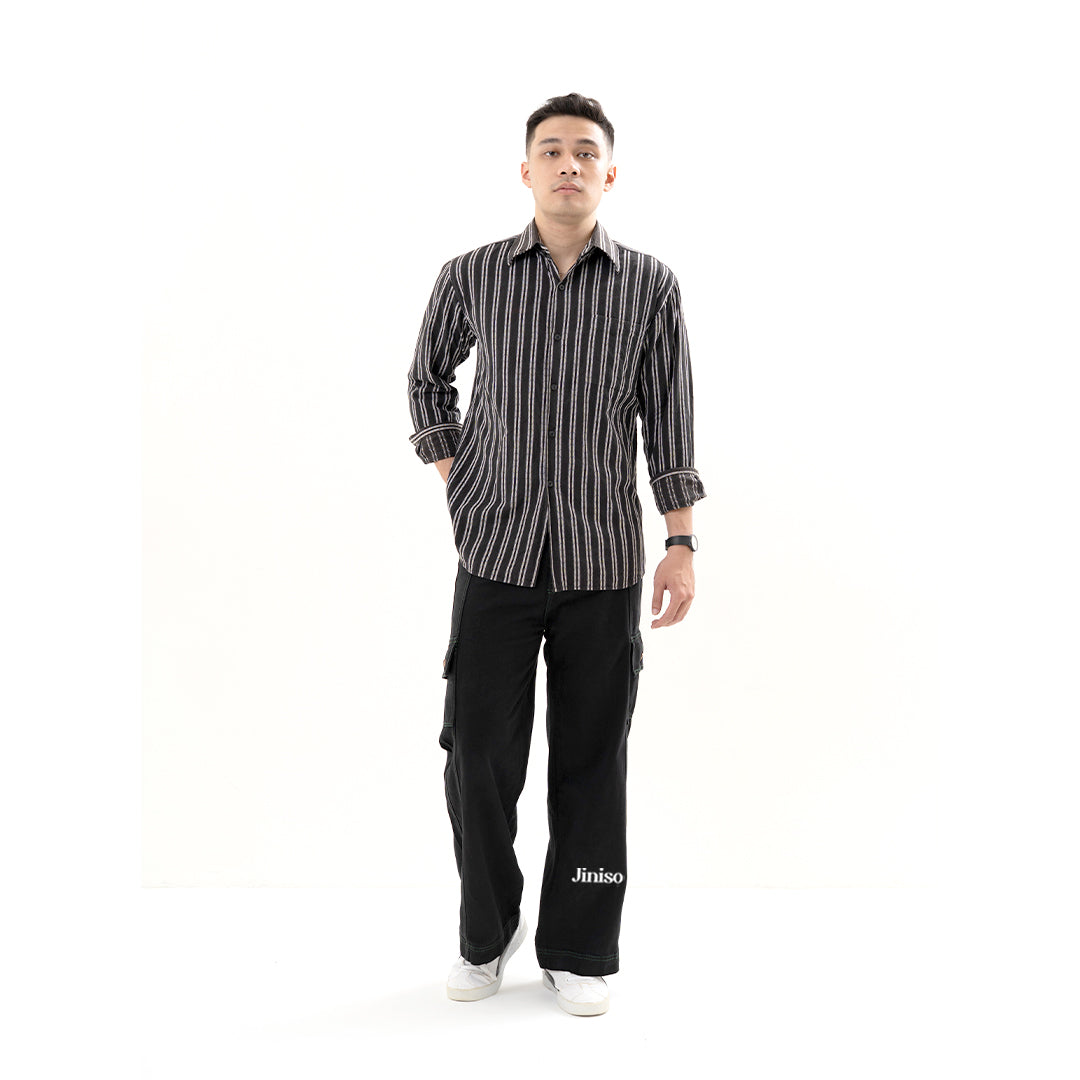 JINISO Loose Cargo Denim Jeans Pria Black Army 403