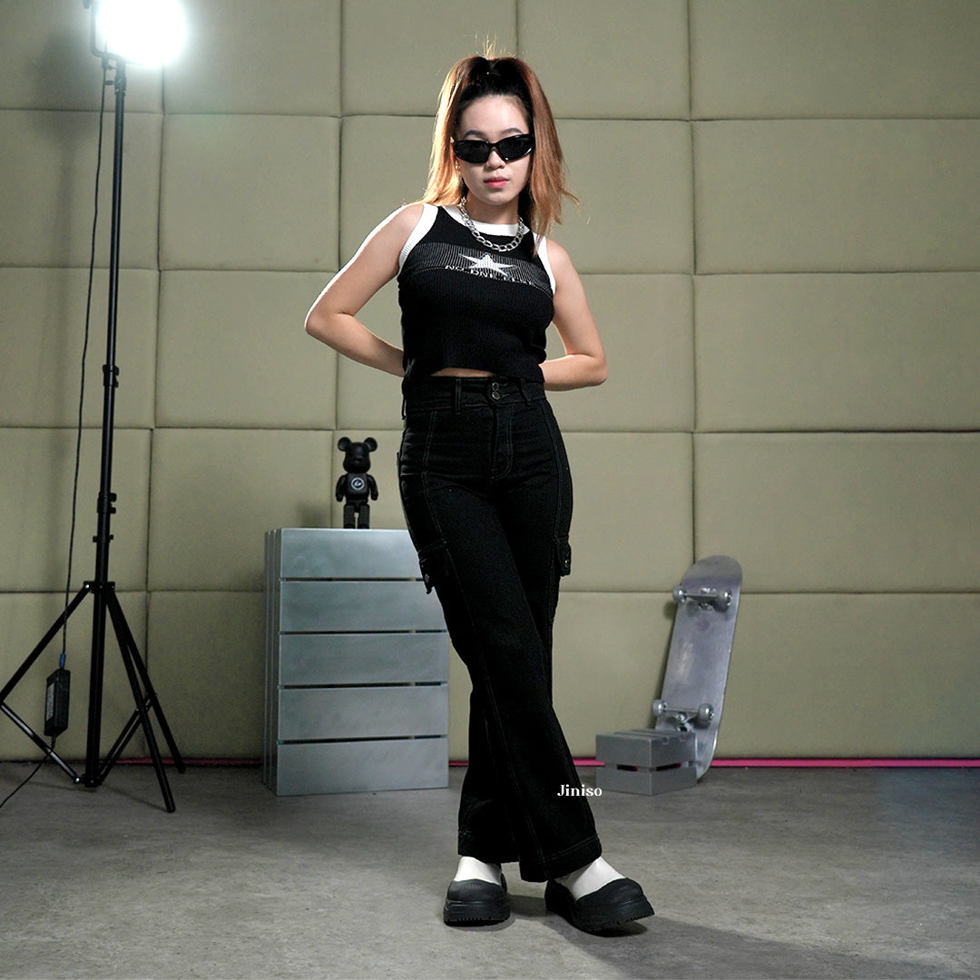 JINISO - Highwaist Cargo Loose Jeans Black Army 403 HANDS UP