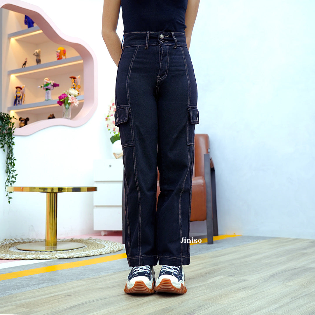 JINISO - Highwaist Cargo Loose Jeans Black Oreo Gold 405 HANDS UP