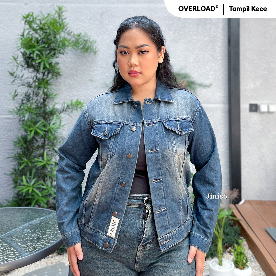JINISO Big Size Jaket Jeans Oversize Vintage Blue Wash
