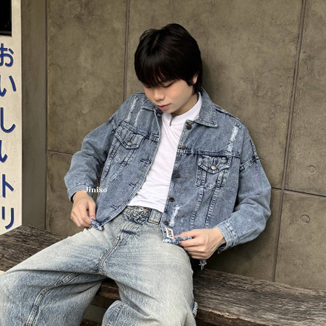 JINISO Pria Ripped Jaket Jeans Oversize Vintage Blue Acid