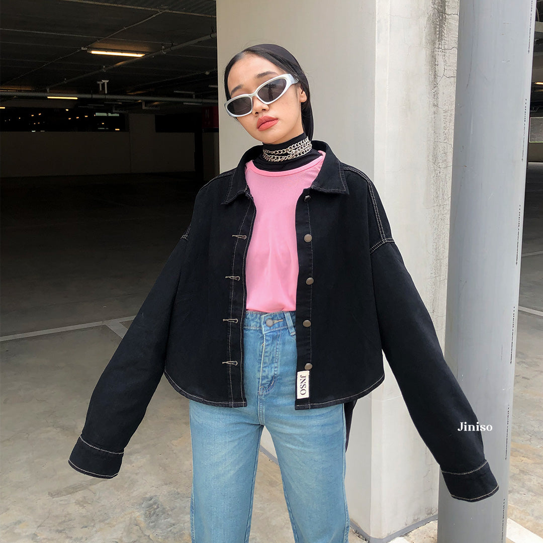 JINISO Jaket Crop Jeans Oversize Belle Basic Black Oreo Gold