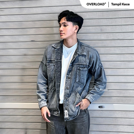 JINISO Pria Jaket Jeans Oversize Pocket Atlas Snow Grey