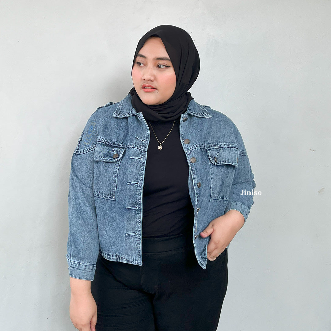 JINISO Big Size Jaket Crop Jeans Oversize Blue Acid