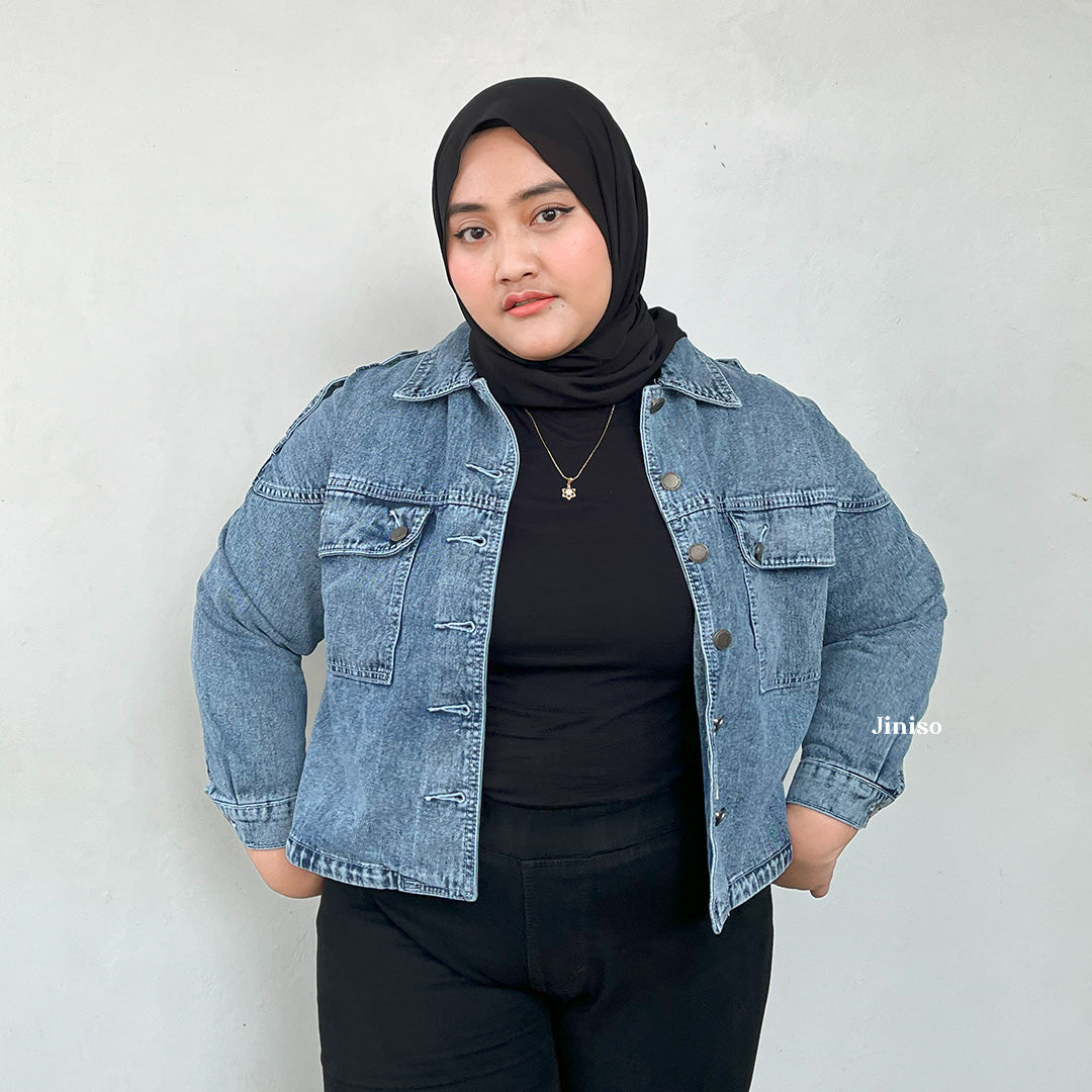 JINISO Big Size Jaket Crop Jeans Oversize Blue Acid