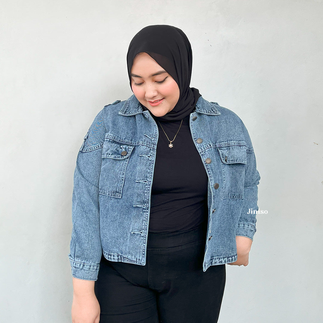 JINISO Big Size Jaket Crop Jeans Oversize Blue Acid