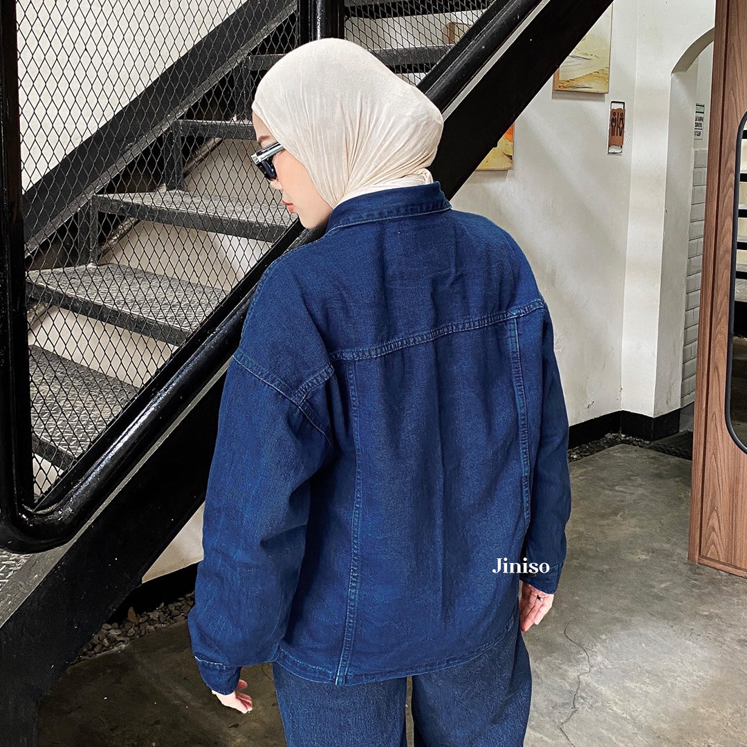 JINISO Jaket Denim Jeans Oversize WorkWear Blue Black