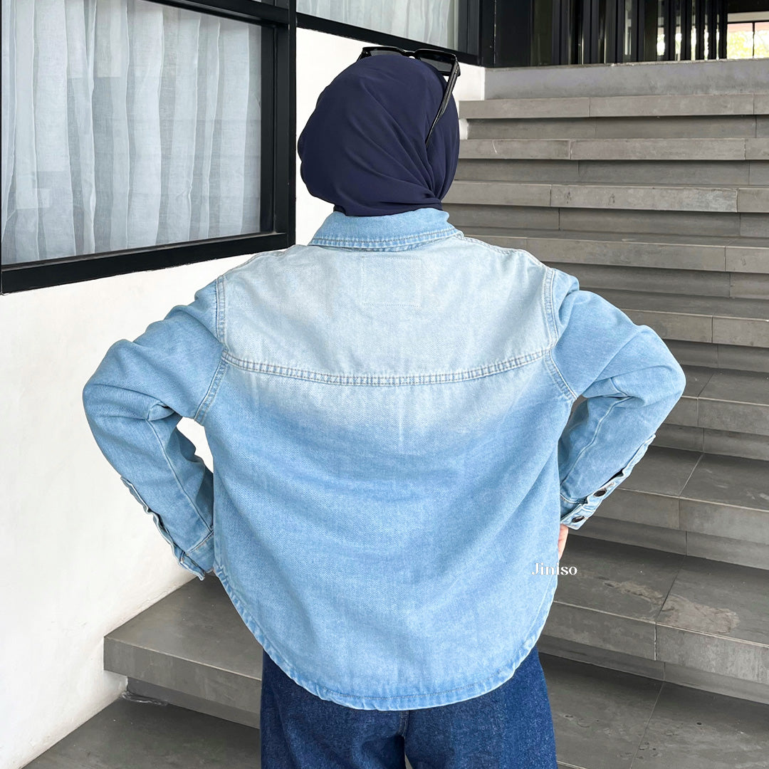 JINISO Jaket Jeans Oversize Rider Light Blue Denim