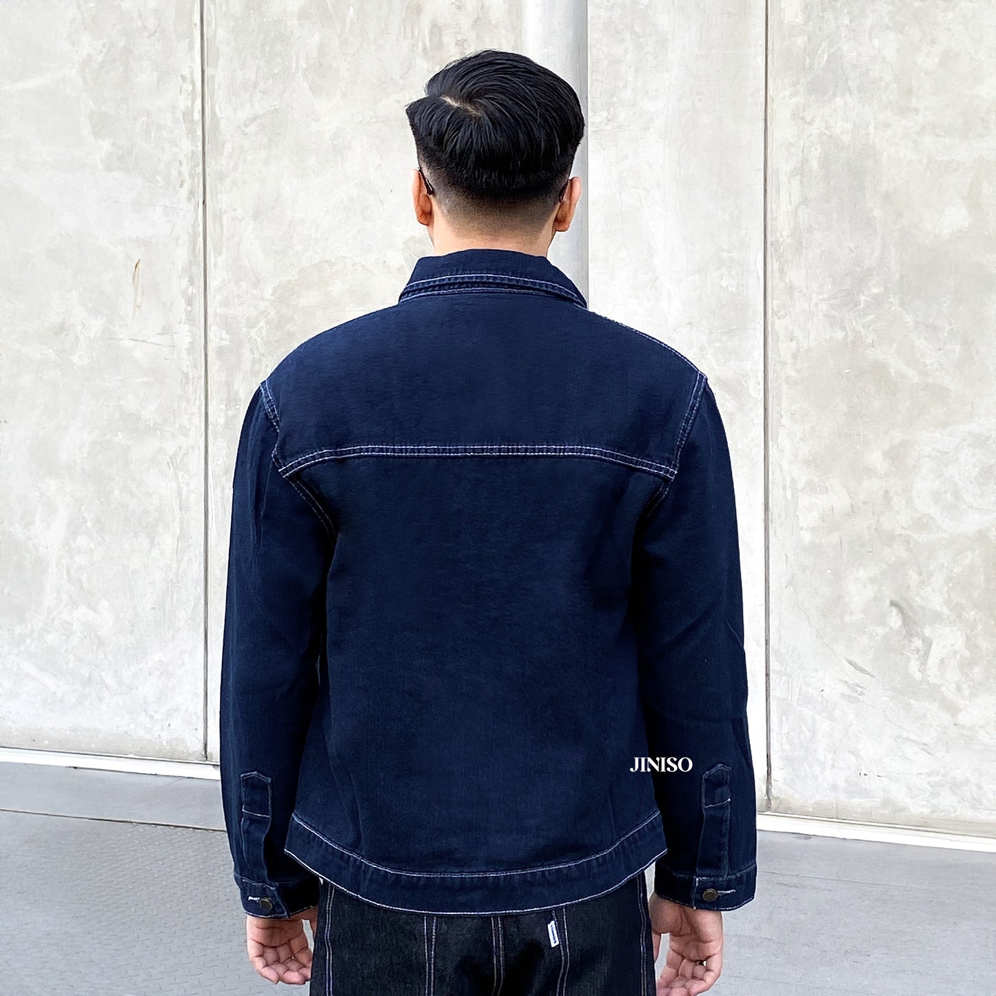 JINISO Pria Jaket Jeans Oversize Nomad Pocket Blue Black