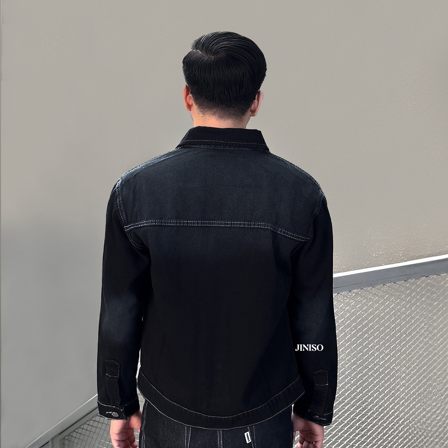 JINISO Pria Jaket Jeans Oversize Nomad Pocket Black Wash