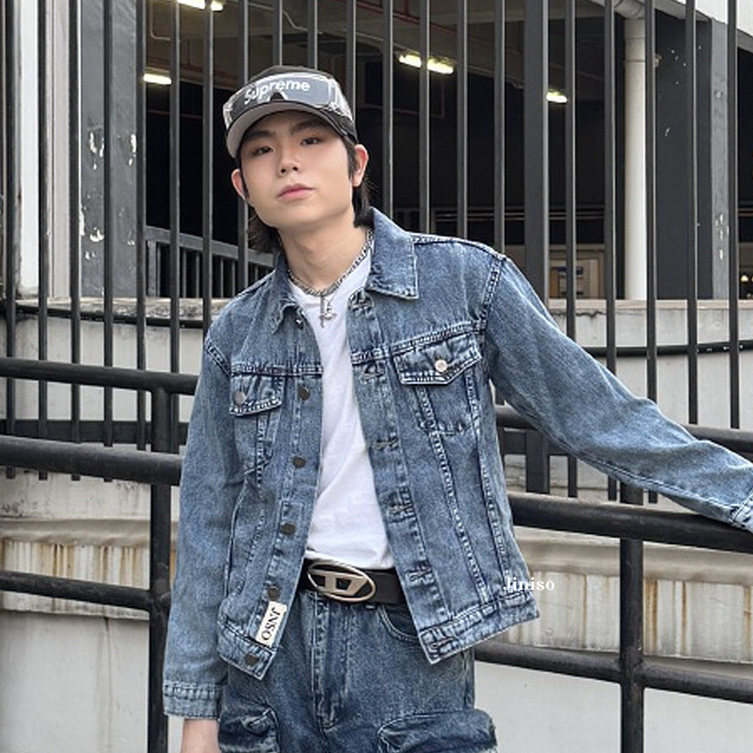 JINISO Pria Jaket Jeans Oversize Vintage Blue Acid