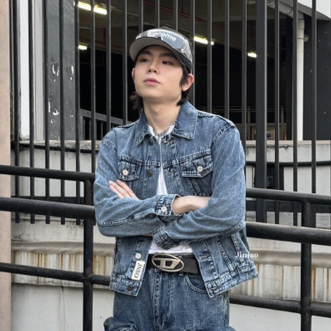JINISO Pria Jaket Jeans Oversize Vintage Blue Acid