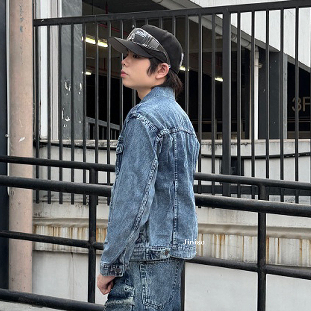 JINISO Pria Jaket Jeans Oversize Vintage Blue Acid