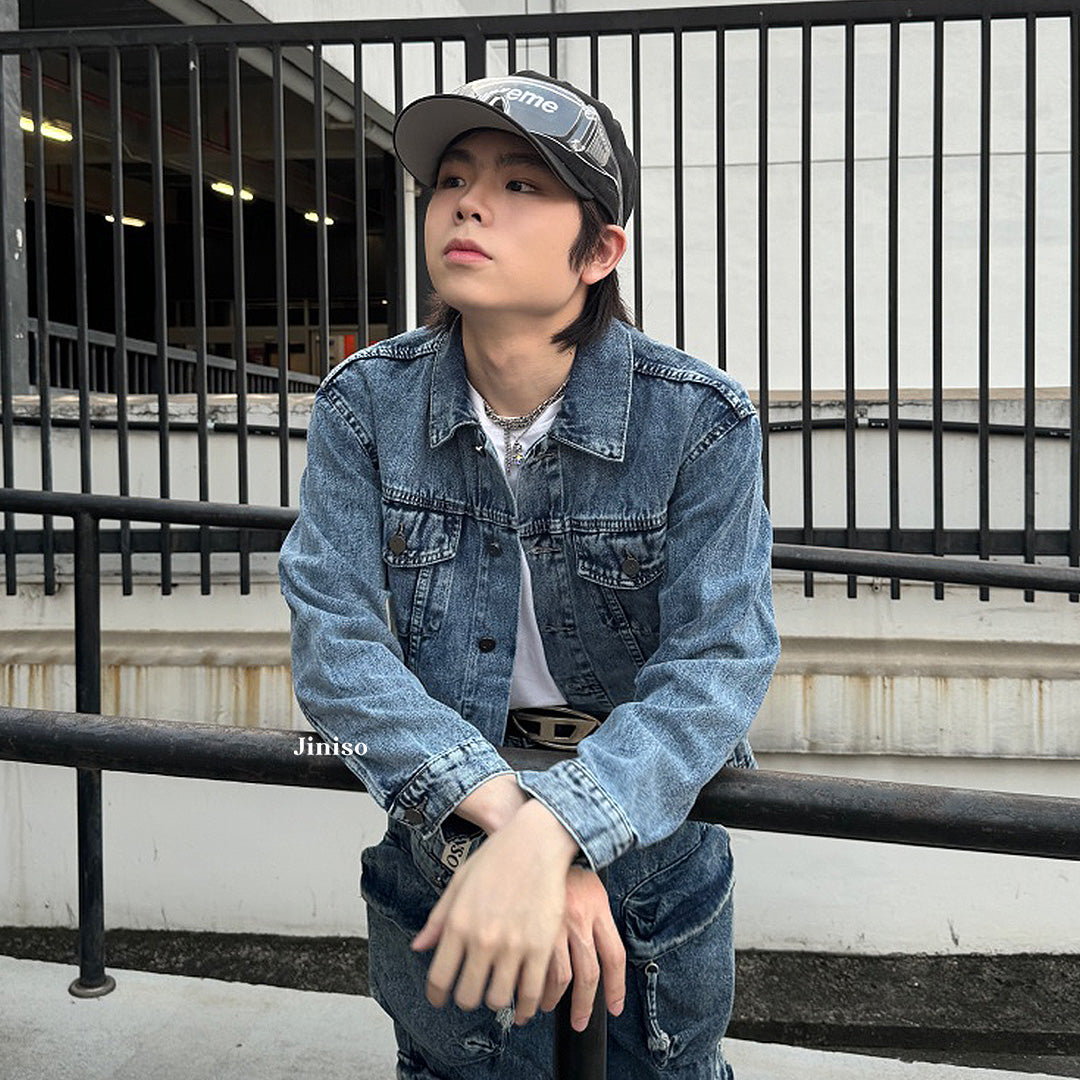JINISO Pria Jaket Jeans Oversize Vintage Blue Acid