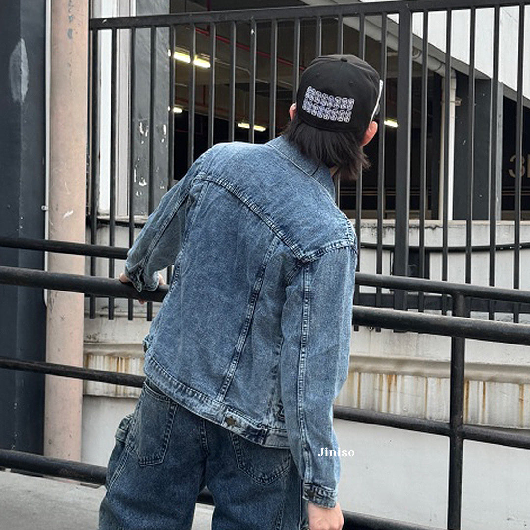 JINISO Pria Jaket Jeans Oversize Vintage Blue Acid